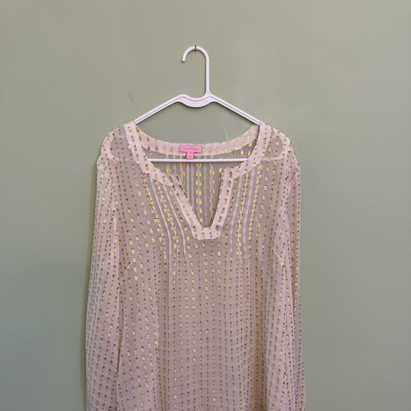 Lilly Pulitzer White and Gold metallic dot crepe Women's blouse sheer size XL - Picture 2 of 8